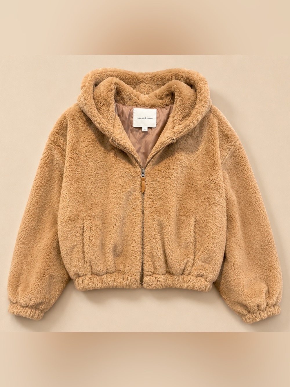 Thread & Supply Brown Teddy Faux Fur Hooded Zip Jacket Women’s Size S